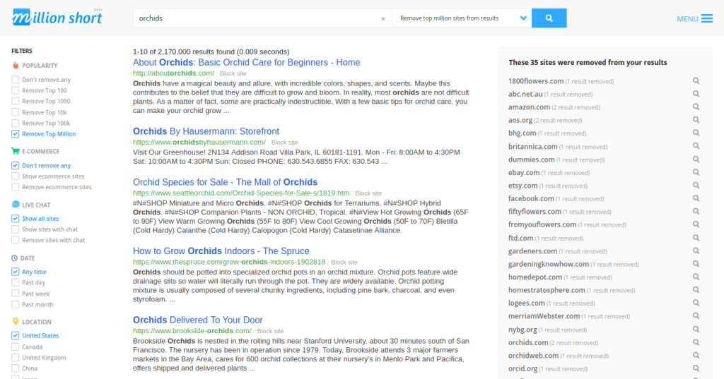 MillionShort.com search results page for orchids